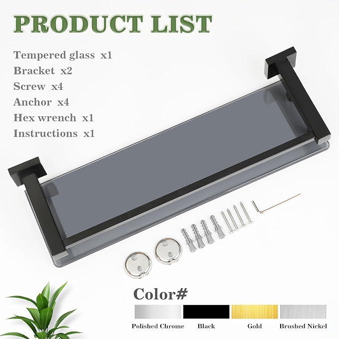 Alise Bathroom Glass Shelf with Stainless Steel Railing, Matte Black Small Tempered Glass Floating Wall Shelf Over The Toilet, 16 inch - ModernBath