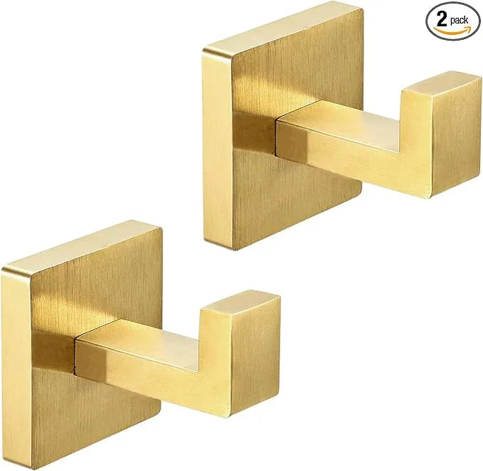 IBosins 2-Pack Towel Hooks Hand Towel Holder for Bathroom Wall Livingroom Bedroom Kitchen Closet Heavy Duty Stainless Steel Hook Hanger for Robe, Bath Towel, Coat (Square Brushed Gold) - ModernBath