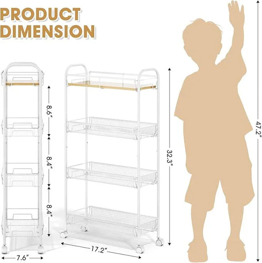 TOOLF 4-Tier Slim Rolling Cart, Metal Utility Cart, Slide Out Storage Cart with Wooden Tabletop and Mesh Baskets for Narrow Space on Kitchen Bathroom Laundry Room Bedroom Apartments Dormitory - ModernBath