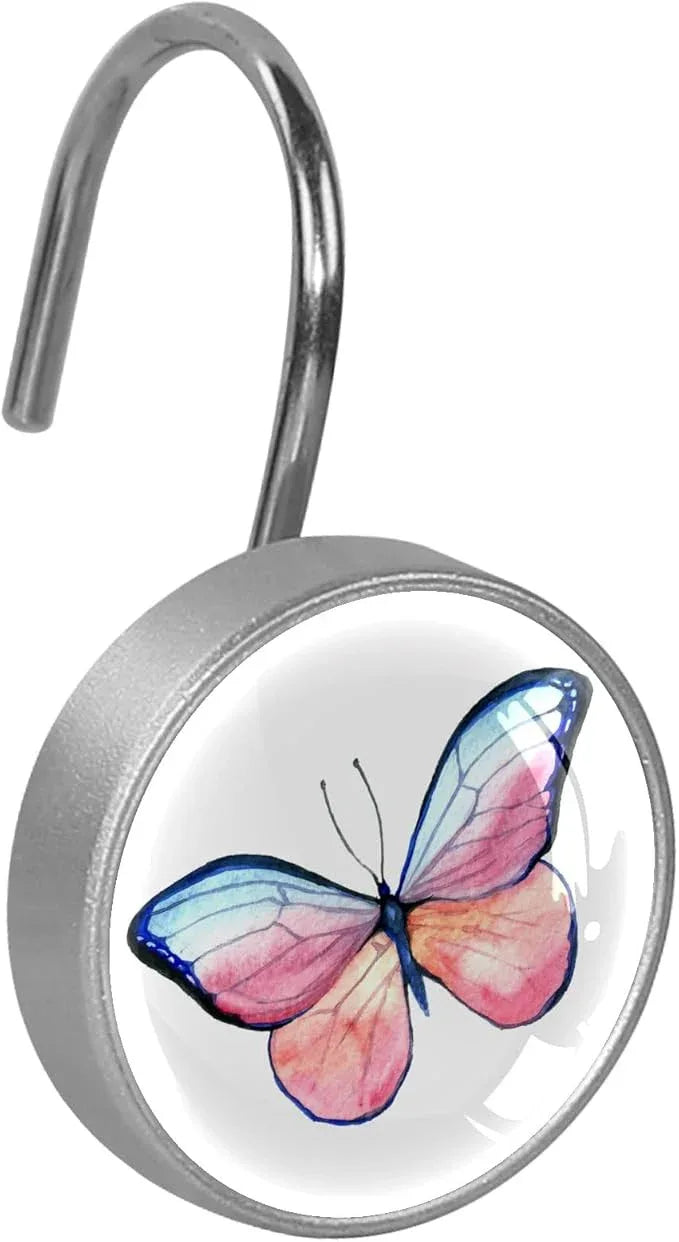 12 Pcs Decorative Shower Curtain Hooks, Rust Proof Glass Surface Stainless Steel Rings for Bathroom Bedroom Kitchen Home Bath Room Rods Decor (Pink Blue Watercolor Butterfly) - ModernBath