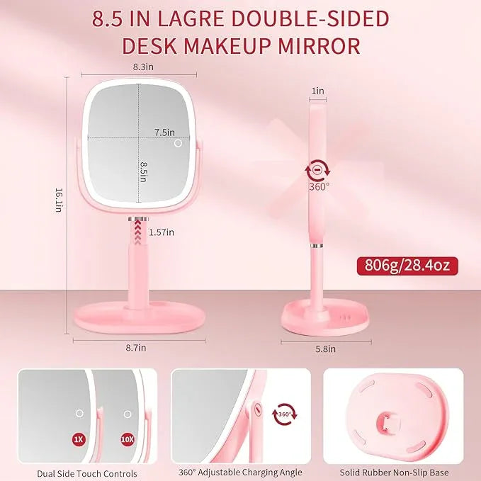 Lighted Makeup Mirror, 2600mAh Rechargeable 1x/10x Magnifying Vanity Mirror, 8.5" Height Adjustable Makeup Mirror with Lights 3 Color, 360° Rotation 2-Sided Light up Large Desk Mirror - Pink - ModernBath