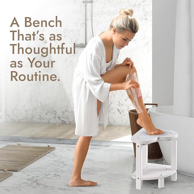 Corner Shower Stool for Inside Shower - Waterproof Corner Shower Bench, HDPE Plastic Bathroom Bench, Adjustable Height Corner Chair for Shaving Legs,Storage Shelf,Non-Slip Feet，White - ModernBath