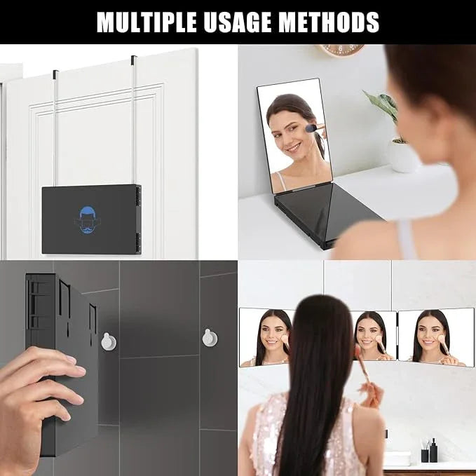 OLIBUY 3 Way Mirror with LED for Hair Cutting, Tri-fold Mirror for Shaver and Makeup, Adjustable Telescoping Hooks-with LED Version - ModernBath