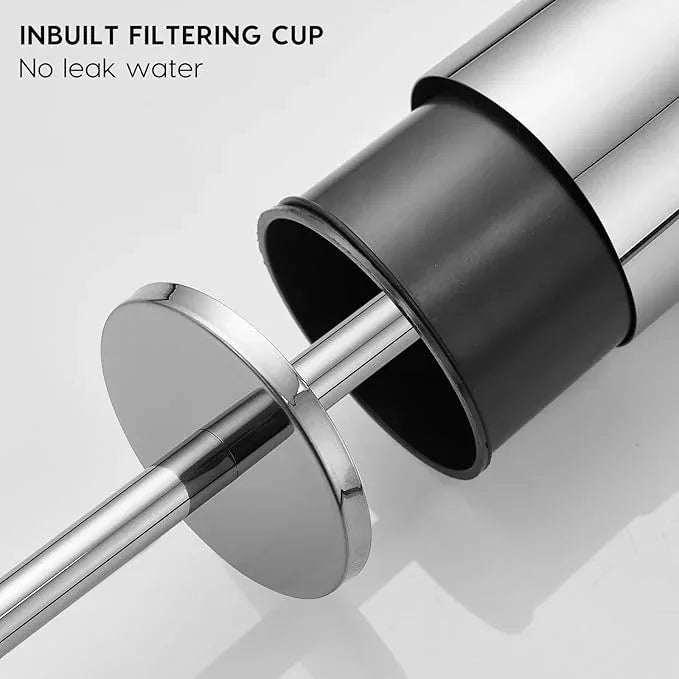 Toilet Brush and Brush Holder, Stainless Steel No-Punch Hook Base Dual Purpose Toilet Brush Holder with Removable Inner Bucket and Splash Cover - Soft Bristles (Chrome) - ModernBath