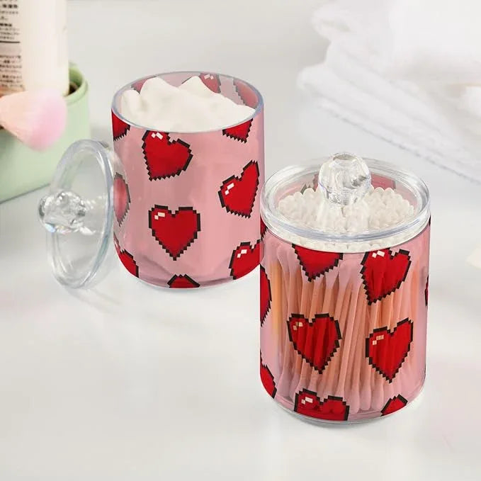 Tatenale Qtip Holder Bathroom Set Q tip Cotton Ball Swab Pad Dispenser Container Organizer Plastic Jars with Lids Storage 2Pack Red Pixel Hearts Pink - ModernBath