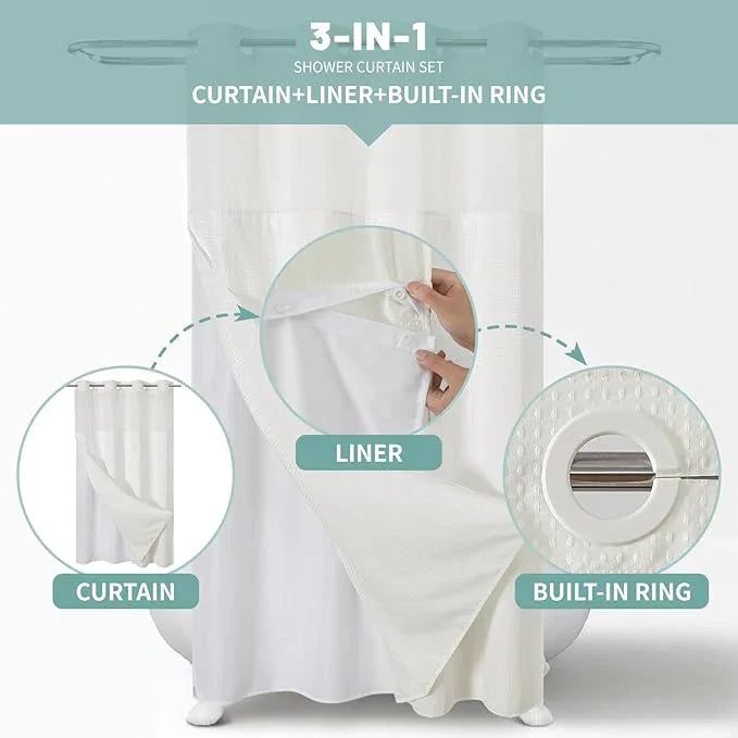 eachope Stall Cream No Hook Waffle Weave Shower Curtain with snap-in Liner Replacement, 230GSM Waterproof Fabric Hotel Shower Curtain Set for Bathroom, Through Mesh Top Window,54Wx80H - ModernBath