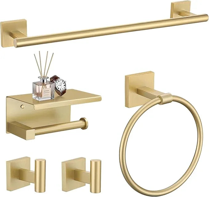 TURS 5-Pieces Brushed Gold Bathroom Hardware Set 23.6 Inch SUS304 Stainless Steel Towel Bar Set Wall Mounted Square Toilet Paper Holder with Shelf - ModernBath