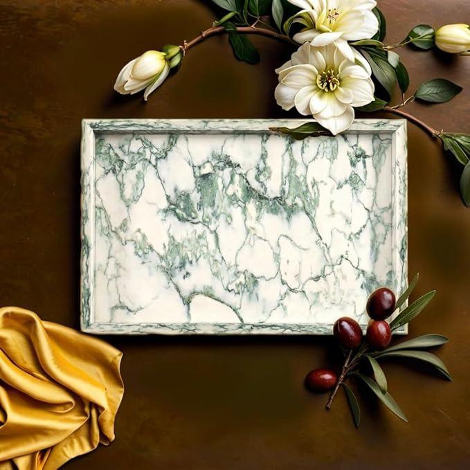 Yew & Tulip Natural Marble Vanity Tray, Nature Marble with Green Textures Serving Tray for Bathroom, Kitchen, Vanity, Home Decor, Wedding etc. (12" x 8" x 1.2") - ModernBath