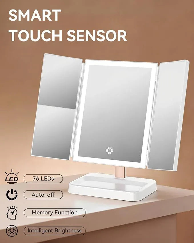 CALEPOP Vanity Mirror with Lights, Makeup Mirror 1X, 2X, 3X Magnification, Trifold 9" L x 14" W, Large Vanity Desk Mirror，Valentine‘s Gift for Wife, Mom, Her - Gift for Girlfriend, Women & Teens - ModernBath