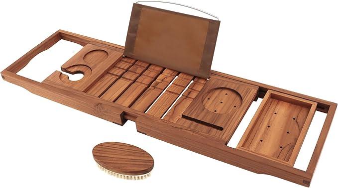 VaeFae Premium Teak Bathtub Tray, Expandable Wooden Bath Tray for Tub, Luxury Bathtub & Bathroom Accessories, Great House Warming, Anniversary & Wedding and Birthday Gifts (Free Teak Body Brush) - ModernBath
