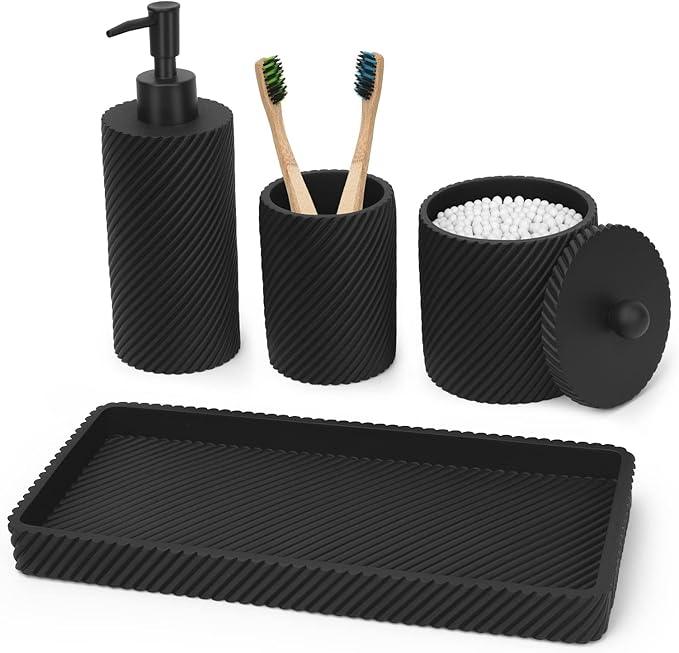 Black Bathroom Accessories Set 4 Pcs - Toothbrush Holder,Lotion Soap Dispenser,Qtip Holder Dispenser,Vanity Tray for Countertop Vanity Organizer,Bathroom Accessory Set - ModernBath