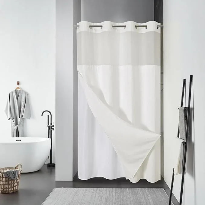 eachope Stall Cream No Hook Waffle Weave Shower Curtain with snap-in Liner Replacement, 230GSM Waterproof Fabric Hotel Shower Curtain Set for Bathroom, Through Mesh Top Window,54Wx80H - ModernBath
