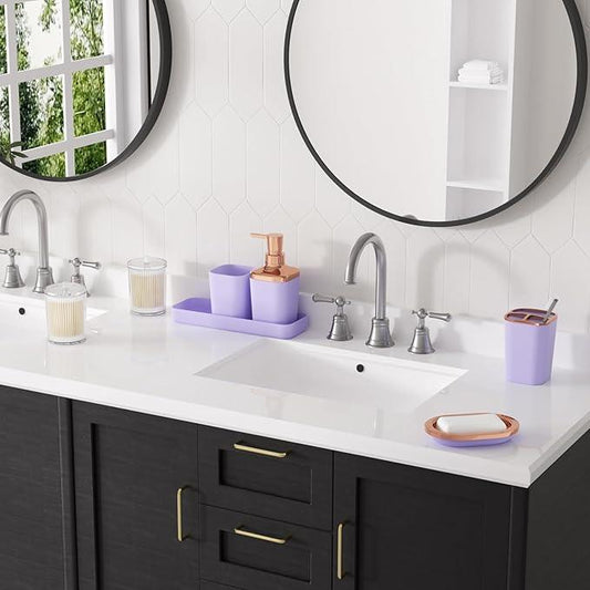 XLHOMO 9-Piece Bathroom Accessories Set, Purple Bathroom Accessories Sets Complete with Trash Can,Tray,Soap Dispenser,Toothbrush Holder,Toothbrush Cup,Soap Dish,Toilet Brush and Q-tip Holders - ModernBath