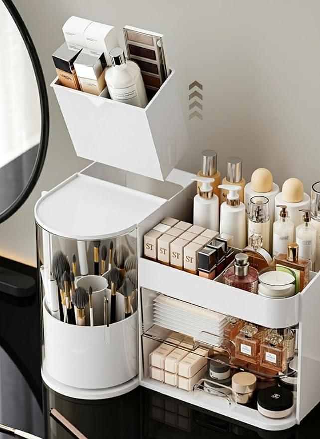 Makeup Organizer with Rotating Brush Holder Cosmetic Organizer with Drawers Countertop Skincare Organizer for Vanity,Cosmetic Display Case Storage (White, Large) - ModernBath