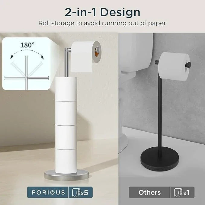 FORIOUS Toilet Paper Holder Stand Adjustable, Stainless Steel Freestanding Toilet Paper Holder with Storage, Bathroom Tissue Roll Stand Storage for 4 Rolls, Brushed Nickel - ModernBath