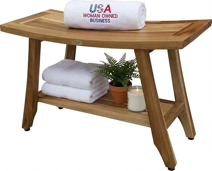EcoDecors 28" Satori Teak Shower Bench –Bath Seat, Natural Wood Finish Water-Resistant Spa Bench | Slatted Design & Adjustable Feet for Indoor Outdoor Use | Sturdy & Safe - ModernBath