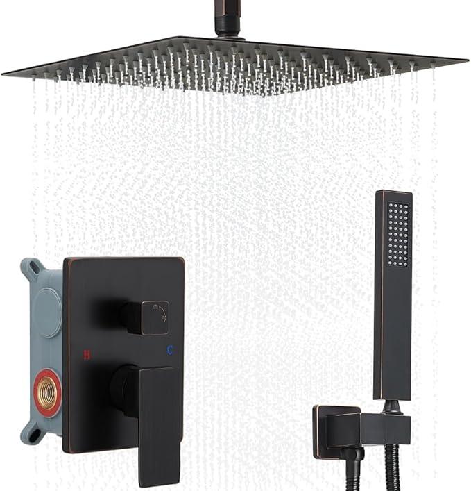 JingGang 12 Inch Ceiling Mount Oil Rubbed Bronze Shower System Bathroom Luxury Rain Mixer Shower Combo Set Ceiling Rainfall Shower Head System (Contain Shower Faucet Rough-in Valve Body and Trim Kit) - ModernBath