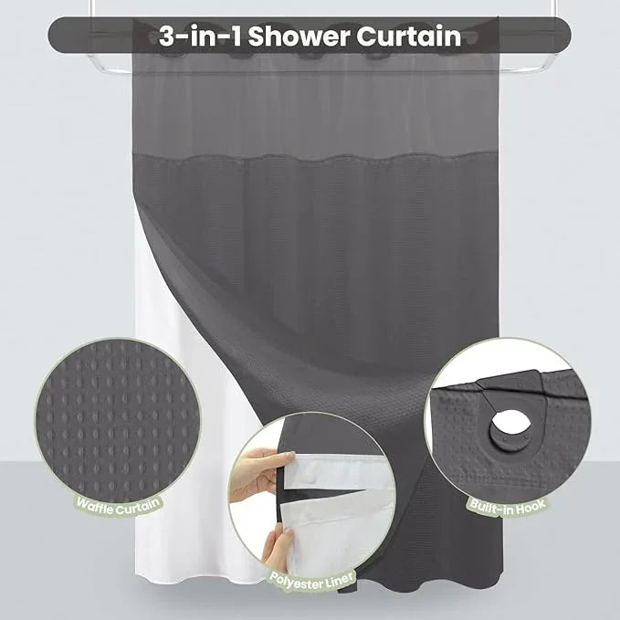 Inhousolu No Hook Shower Curtain with Snap in Fabric Liner Set Waffle Weave 230GSM Weighted Hem, Waterproof & Washable Bathroom Curtain Spa Luxury with Mesh Top Window 72" W x 72" L Graphite Grey - ModernBath