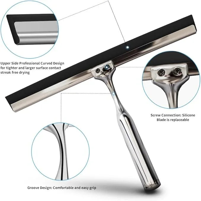 Shower Squeegee for Glass Doors Stainless Steel with Self Adhesive Hook Window Squeegee for Shower Door Bathroom Mirror Wiper, Window Glass Cleaning - ModernBath