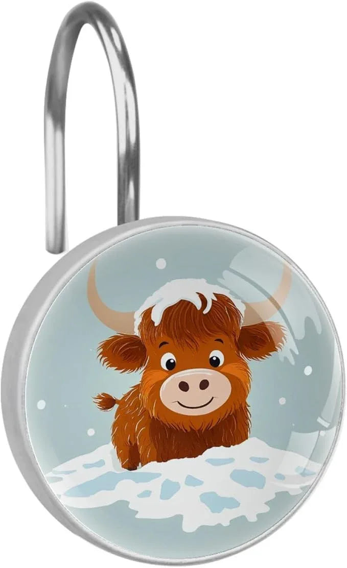 Cartoon Snow Highland Calf Shower Curtain Hooks Rings, Stainless Steel Rust Proof Shower Curtain Hooks, Decorative Shower Hooks for Bathroom Shower Rods Curtains, Set of 12 - ModernBath