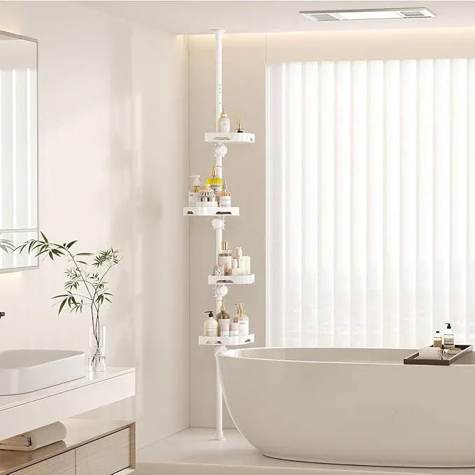 shuang qing 4-Tier Corner Shower Caddy Tension Pole Organizer - Adjustable Rustproof Metal Tension Pole, Plastic Shelves with Safety Guardrail, Bathroom Storage for Shower & Bathtub(White) - ModernBath