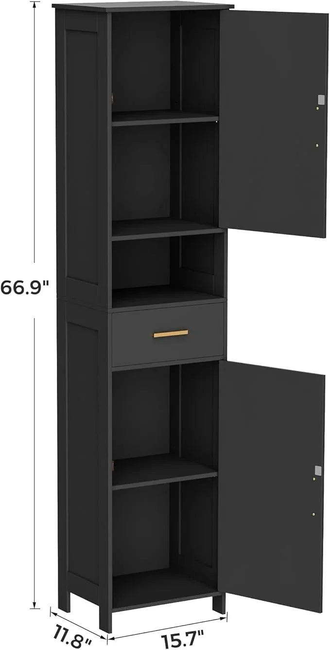 Homhedy 67"H Tall Bathroom Storage Cabinet with Rattan Decorated Door and Drawer, Narrow Storage Unit, Adjustable Shelves, Floor Cabinet for Bathroom, Living Room, Kitchen, Black and Natural, (15.7"W) - ModernBath