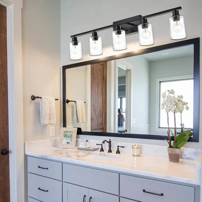 VINLUZ Bathroom Lighting Fixtures Over Mirror Matte Black,5-Lights Farmhouse Vanity Lights Wall Mount Light Fixture for Porch Workshop - ModernBath