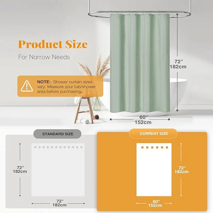 BTTN 60 Inch Stall Fabric Shower Curtain - Linen Textured Heavy Duty Shower Curtain Set with 10 Plastic Hooks, Narrow Waterproof Decorative Bath Curtains for Bathroom and Bathtubs - 60x72 - Sage Green - ModernBath