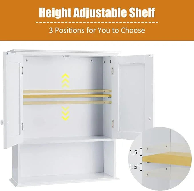 COSTWAY Wall Mounted Bathroom Cabinet, Over The Toilet Storage Cabinet w/Double Doors & Adjustable Shelf, Wood Hanging Medicine Cabinet for Living Room, Entryway, Kitchen (White) - ModernBath