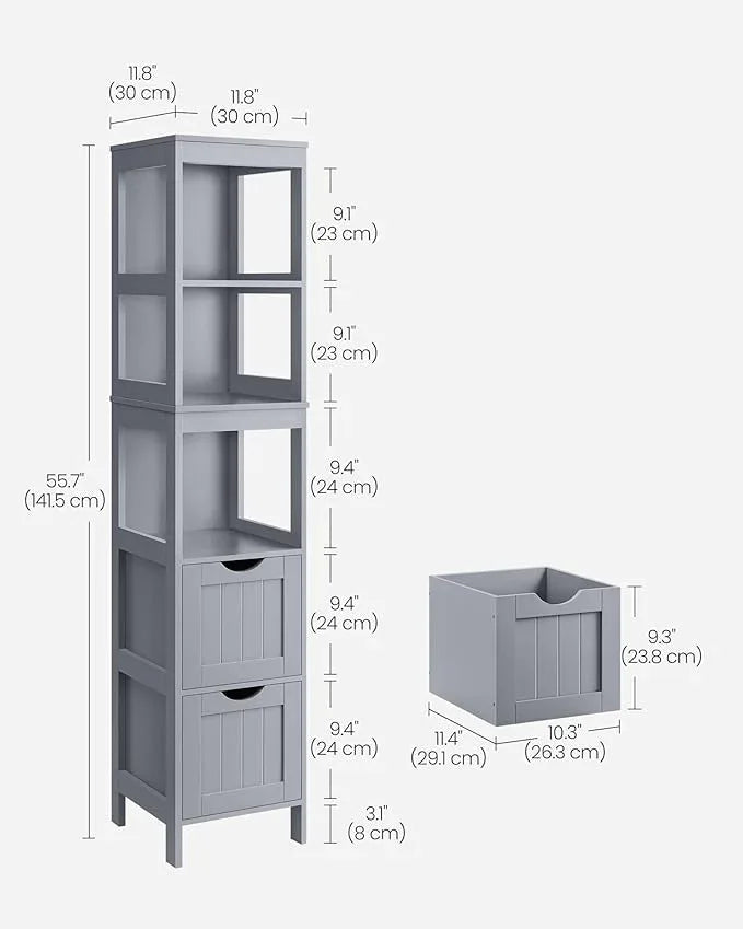 VASAGLE Storage Cabinet, Storage Organizer Rack Stand for Bathroom, Living Room, Bedroom, Multifunctional Corner Unit, 2 Drawers, 55.7 Inches in Height, Dove Gray UBBC066G02 - ModernBath