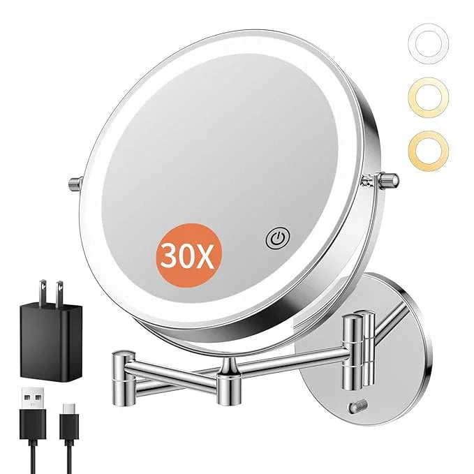 FUNTOUCH 9" 30X/1X Wall Mounted Lighted Makeup Mirror, 5000mAh Rechargeable Double Sided Magnifying Bathroom Mirror, 3 Color Modes Touch Dimmable Extended Arm 360 Rotation with Adapter,Chrome - ModernBath