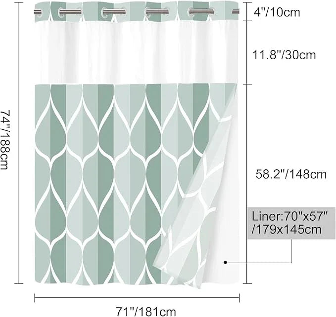 Yiatn No Hook Dark Green Double Shower Curtain with Snap in Fabric Liner Set - Hotel Style with See Through Mesh Top Window, Modern Geometric Waterdrop Design,Waterproof and Washable, 71x74 INCH - ModernBath