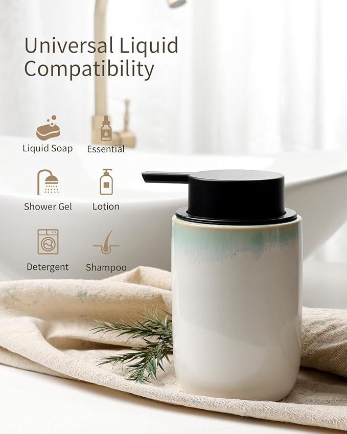 BosilunLife Hand Soap Dispenser - Foam Soap Dispenser Bathroom Ceramic Dish Liquid Soap Dispenser for Kitchen, Bathroom Countertop Soap Dispensers (White with Blue-Green Rim Liquid Pump) - ModernBath