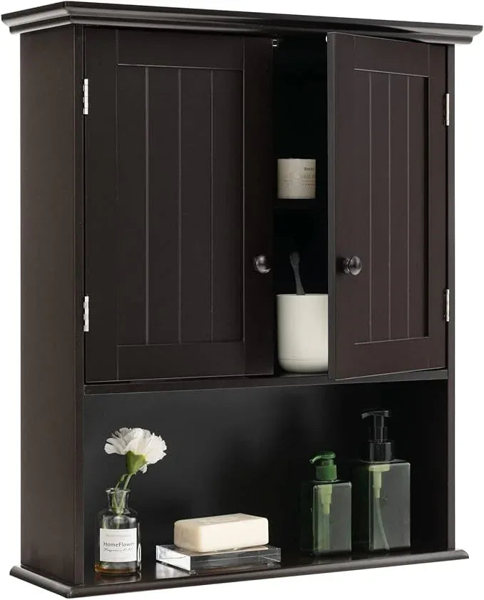 Tangkula Wall Mount Bathroom Cabinet Wooden Medicine Cabinet Storage Organizer with 2-Doors and 1-Shelf Cottage Collection Wall Cabinet (Espresso) - ModernBath