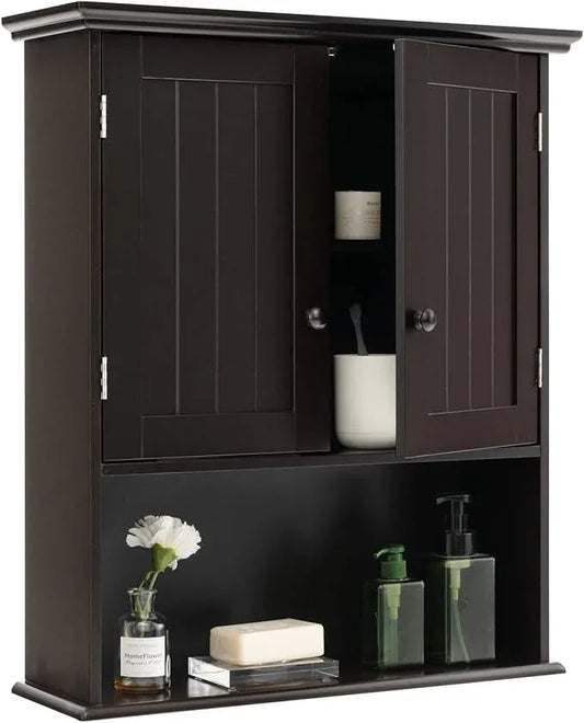 Tangkula Wall Mount Bathroom Cabinet Wooden Medicine Cabinet Storage Organizer with 2-Doors and 1-Shelf Cottage Collection Wall Cabinet (Espresso) - ModernBath