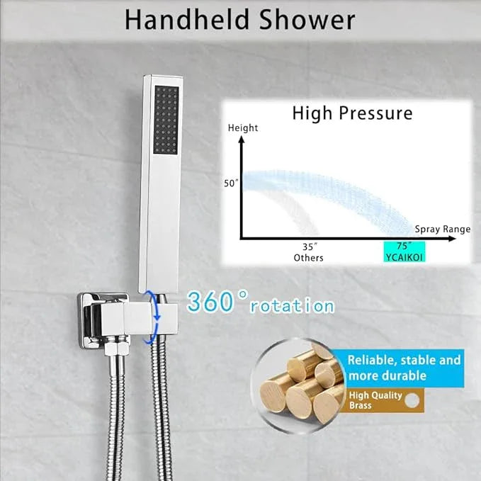 Chrome Shower System YCAIKOI Wall Mount Shower Faucet Set for Bathroom 10 Inch High Pressure Luxury Shower Head with Handheld, Rough-in Valve Body and Trim Included - ModernBath