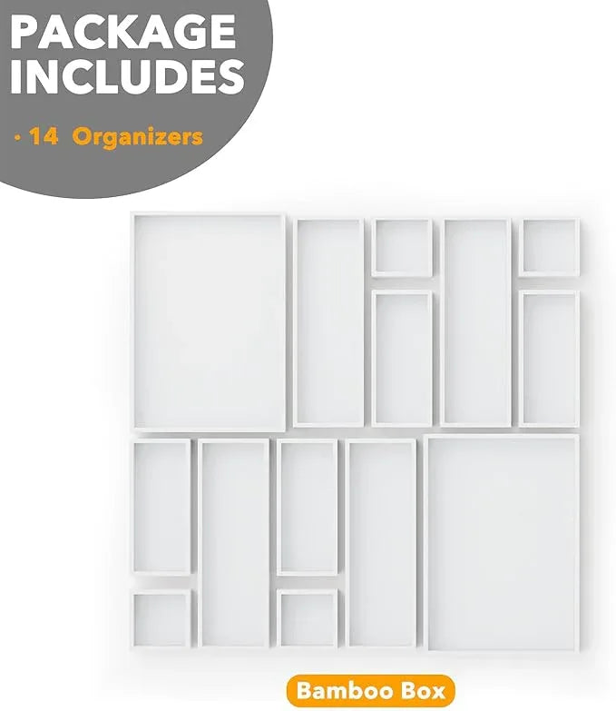 SpaceAid 14-Piece Bamboo Drawer Organizer Storage Boxes Set, Wood Tray Junk Drawer Organizers Multi-Use Divider Bins for Kitchen, Bathroom, Office Desk and Makeup Organization (14 Pack, White) - ModernBath