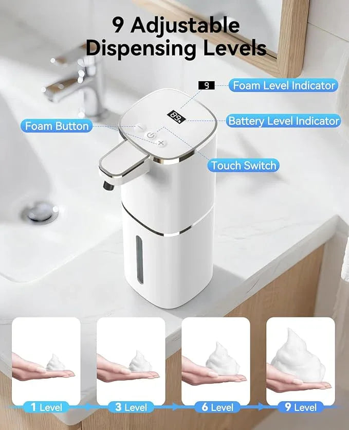 Luxspire Automatic Foaming Soap Dispenser, Touchless Foam Soap Dispenser, Rechargeabled 9 Adjustable Levels & IPX5 Waterproof Wall Mounted 420ml Soap Container for Bathroom, Kitchen and Hotel, White - ModernBath