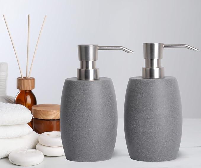 Clasin Home Sandstone Textured Resin Soap Dispenser with Metallic Pump and Waterproof Bottle Labels for Bathroom Kitchen Dish Hand Wash Shower Lotion Shampoo, 12 Oz, 2 Sets Gray - ModernBath
