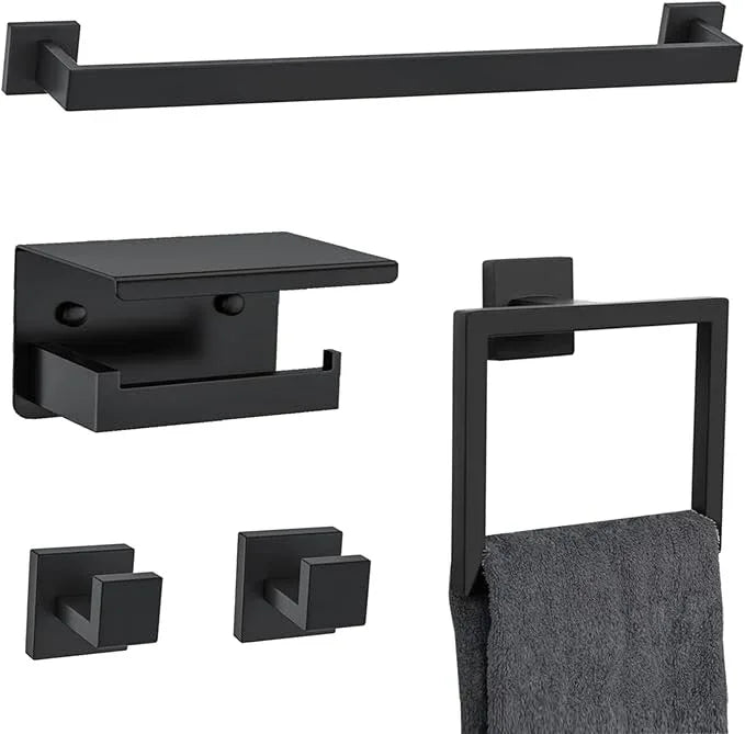 5 Pieces Black Towel Bar Set Bathroom Hardware Accessories Set Upgraded Toilet Paper Holder with Shelf Towel Holder Set for Bathroom Stainless Steel Wall Mounted - ModernBath