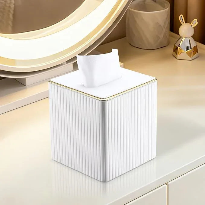 KINGFOM Tissue Box Cover, PU Leather Square Tissue Box Holder for Kleenexs with Magnetic Bottom Cover for Facial Tissues/Napkins, Office & Living Room Decor Box White - ModernBath