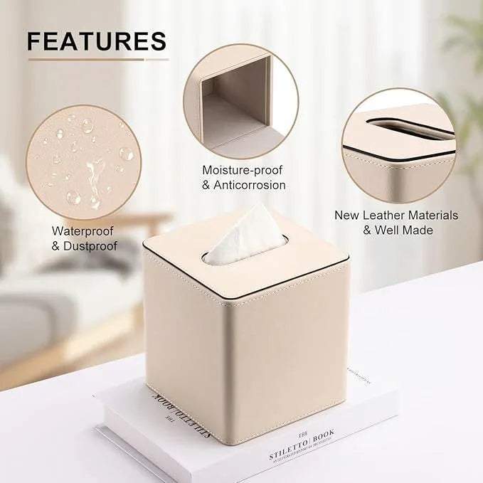KINGFOM Leather Tissue Box Cover – Square Modern PU Leather Tissue Holder, Cube Tissue Dispenser for Home, Office, Bedroom, Bathroom – Elegant Minimalist Style (Beige-Square) - ModernBath