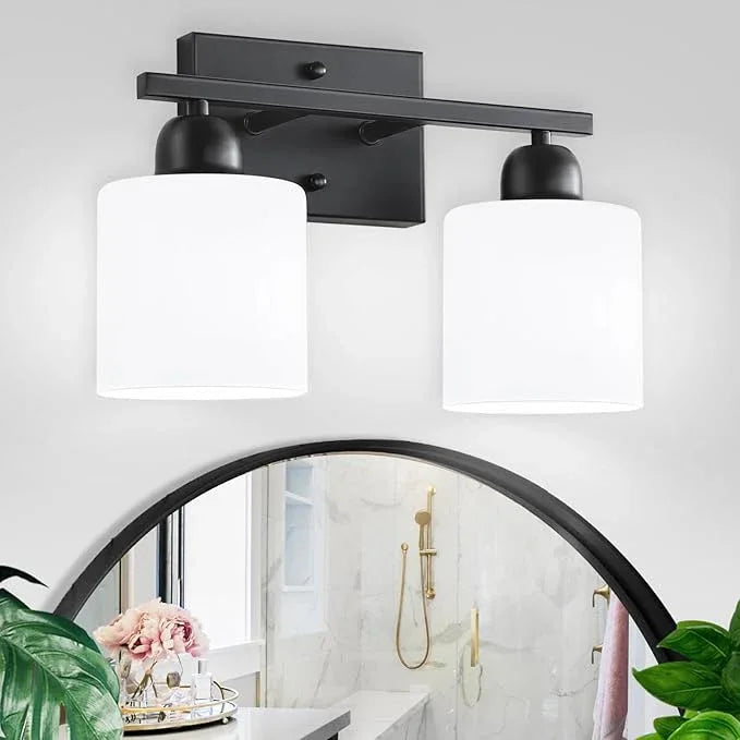 2 Light Black Bathroom Light Fixture, Modern Bathroom Lights with Milky White Frosted Glass Shades for Mirror Living Room Bedroom Hallway E26 Base - ModernBath
