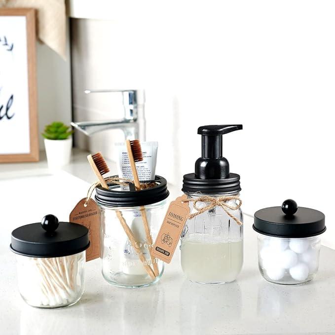 Amolliar Mason Jar Bathroom Accessories Set(4 Pack) - Foaming Soap Dispenser&Qtip Holder Set&Toothbrush Holder-Rustic Farmhouse Decor Bathroom Organizer Apothecary Jar Country Countertop (Black) - ModernBath