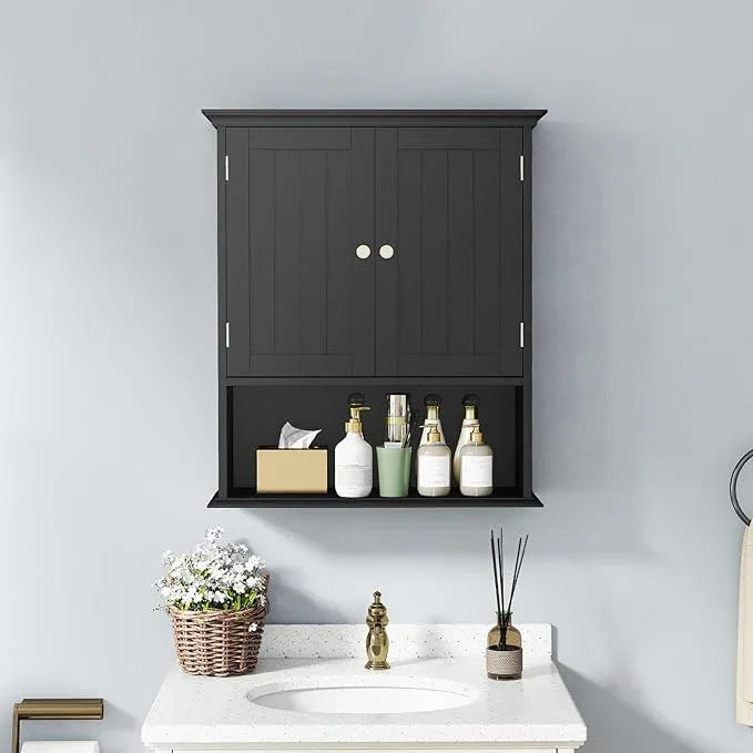 Tangkula Bathroom Wall Cabinet, Wooden Hanging Storage Cabinet with Doors & Shelves, Multipurpose Storage Cabinet for Restroom Kitchen Living Room, Wall Mounted Bathroom Medicine Cabinet (Black) - ModernBath