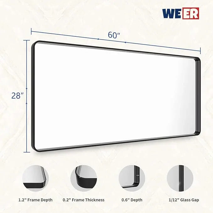 WEER Black Metal Framed Mirror, 60X28 Inch Rectangular Matte Black Wall Mirror for Bathroom, Rounded Corner Black Bathroom Vanity Mirror, Tempered Glass, Anti-Rust, Hangs Horizontal or Vertical - ModernBath
