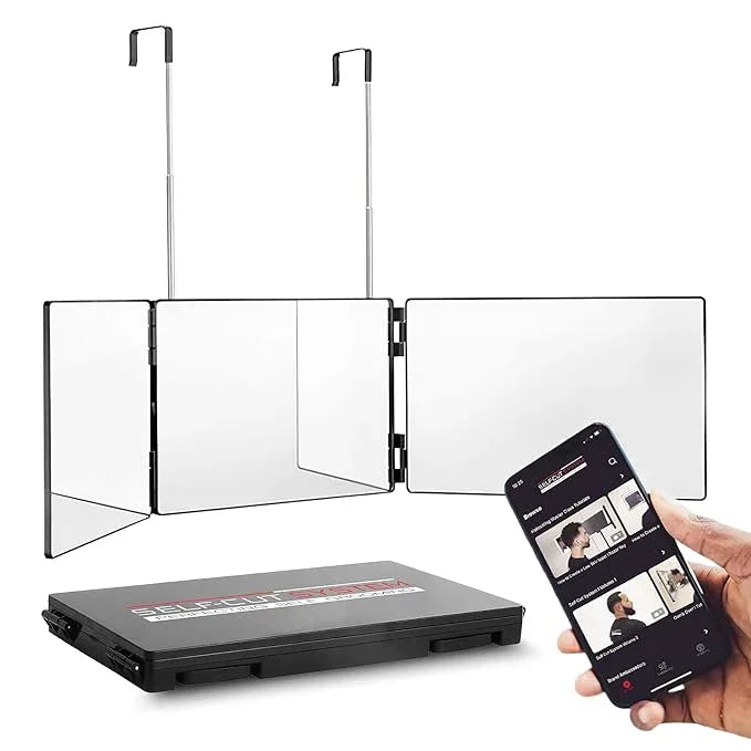 Self-Cut System 3 Way Barber Mirror with Height Adjustable Hooks, 360 Trifold Self Cut Mirror for Haircuts for Men and Women, Travel-Friendly, Three-Way Design for Easy Grooming & Styling - ModernBath