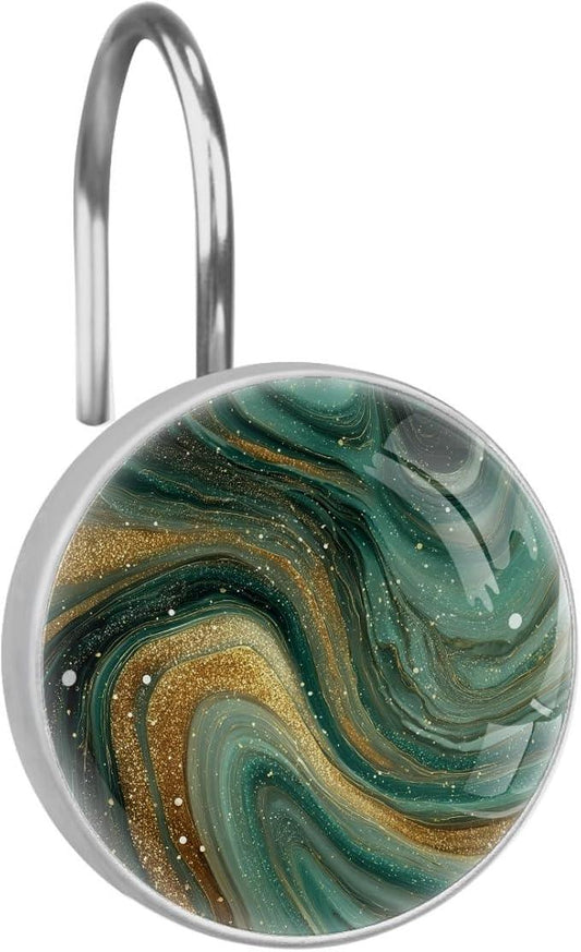 Green Marble Shower Curtain Hooks, 12Pcs Decorative Rust Resistant Shower Rings for Shower Curtain Rods, Stainless Steel Round Curtain Hooks for Bathroom, Bedroom, Farmhouse - ModernBath