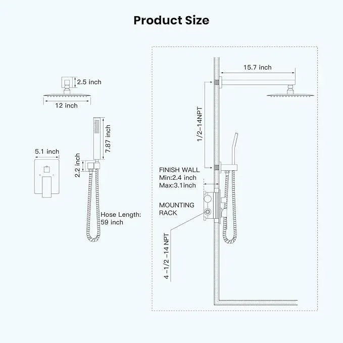 gotonovo Rainfall Bathroom Shower System Rain Shower Head and Handle Set Wall Mounted Shower Complete Combo Solid Brass Pressure Balancing Shower Mixer Valve 12 Inch Brushed Gold - ModernBath