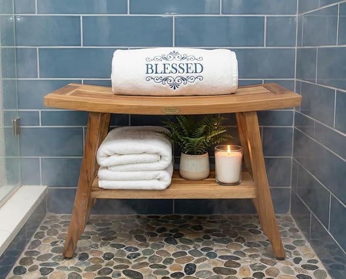 EcoDecors 28" Satori Teak Shower Bench –Bath Seat, Natural Wood Finish Water-Resistant Spa Bench | Slatted Design & Adjustable Feet for Indoor Outdoor Use | Sturdy & Safe - ModernBath